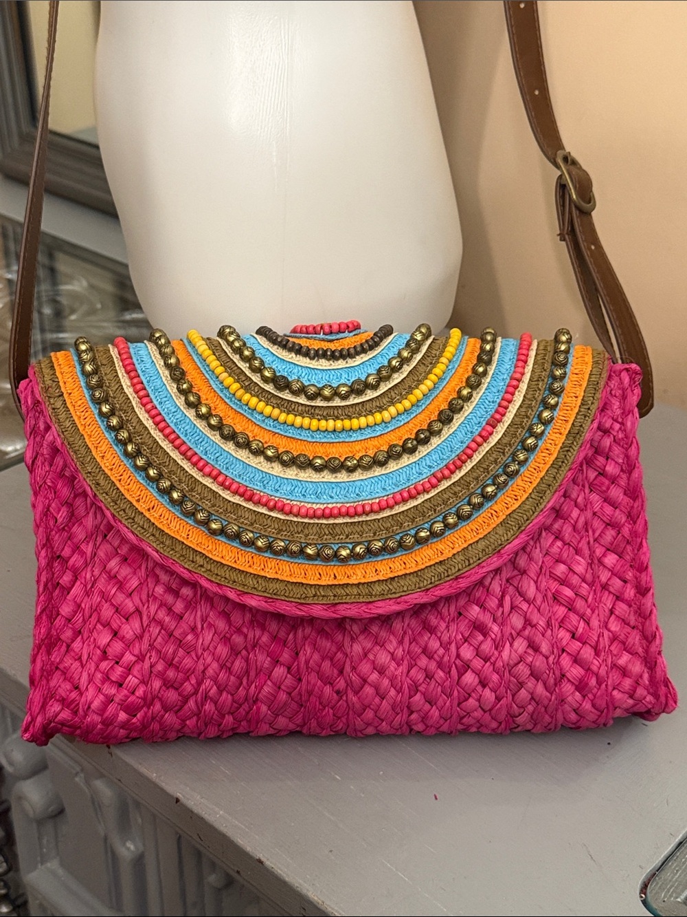 Sun n Sand Boho Woven Crossbody Bag in Hot Pink with Multicolor Beaded Accent